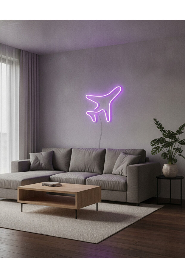 Uçak Figürlü LED Neon Duvar Tablosu | Mor Aydınlatmalı Modern Dekor | Çocuk Genç Odası - 2