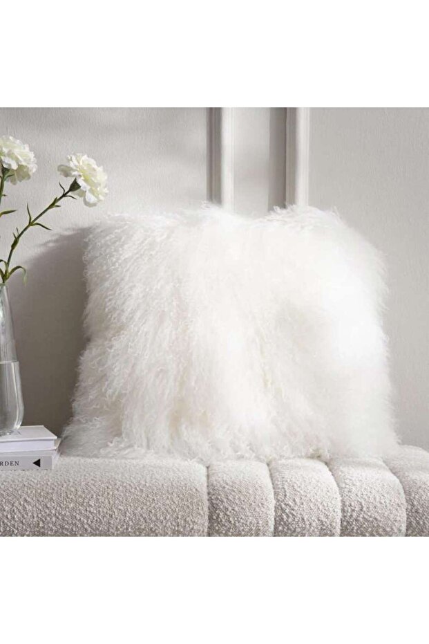 Orra Mongolian Fur Filled Cushion 45x45cm - Ivory