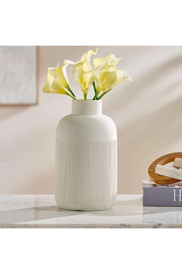 Roa Ceramic Ribbed Decor Vase 14.3x14.3x25cm - Beige