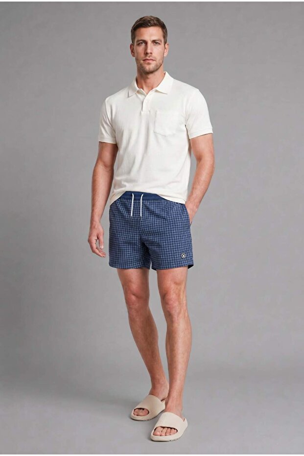 Lace-Up Waist Plaid Navy Blue Swim Shorts I3378Ax26Hs