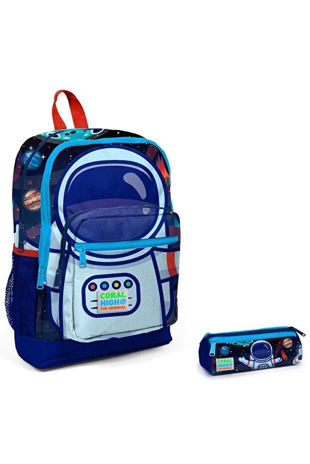 Primary School Backpack and Pen Holder Set - Blue Astronaut Printed