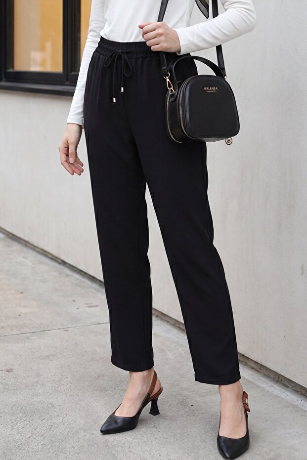 Waist Lace-Up Skinny Trousers -Black
