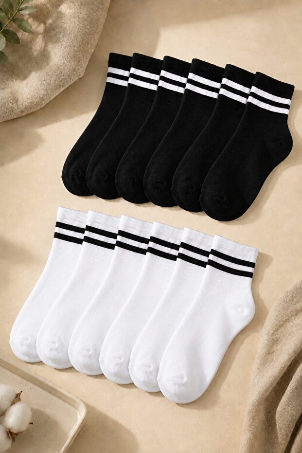 Children's Tennis Socks Toe Seamless 12 Pairs Black White