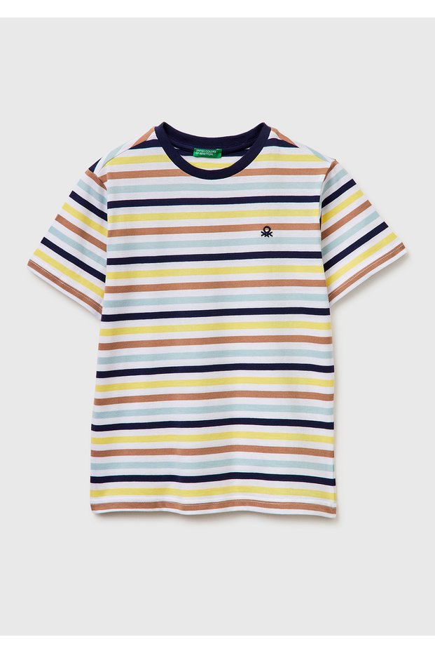 Boy's Colorful Mix Multi-Color Logo Embroidered Striped T-Shirt