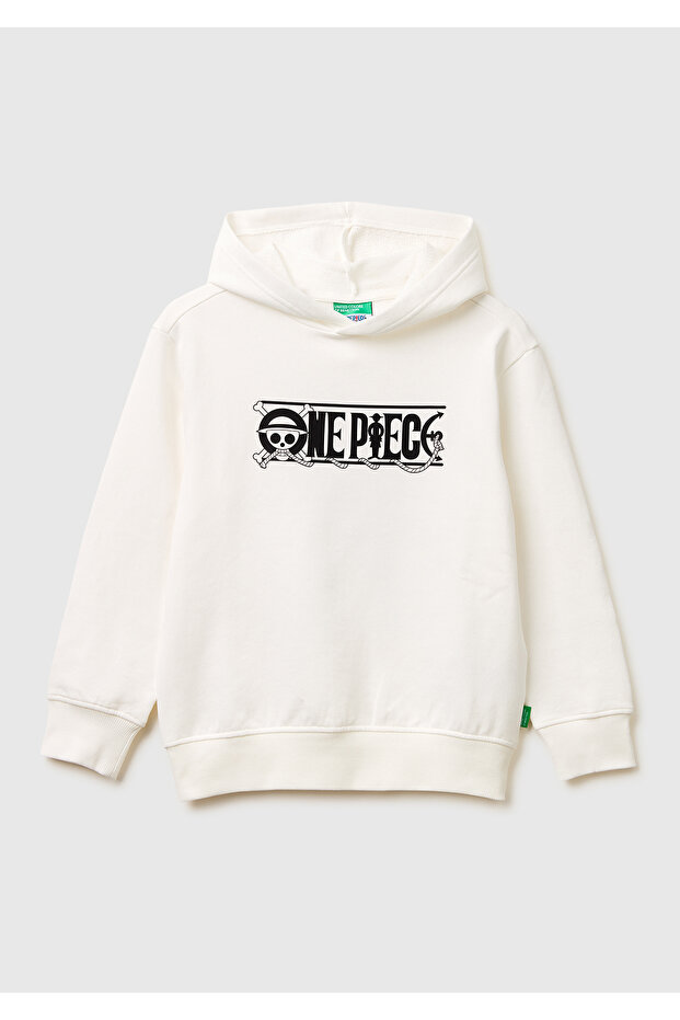 Boy's White Front and Back One Piece Printed Hooded Sweatshirt