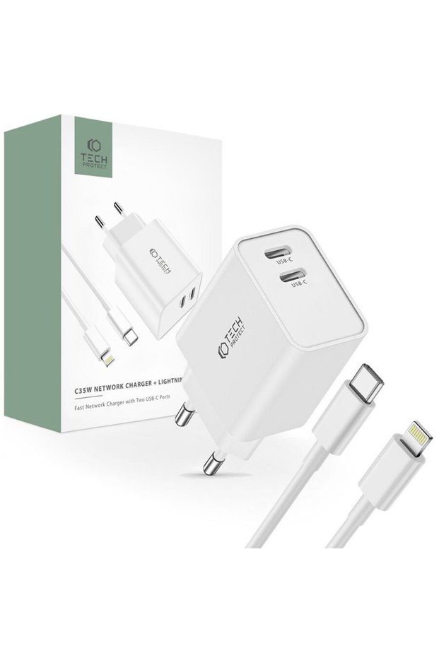 2xUSB-C PD + cablu Lightning 35W Alb