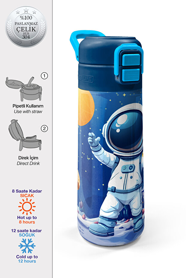 Kids Navy Blue Astronaut Patterned Steel Thermos with Straw and Direct Drinking Cap 500 ml 38134