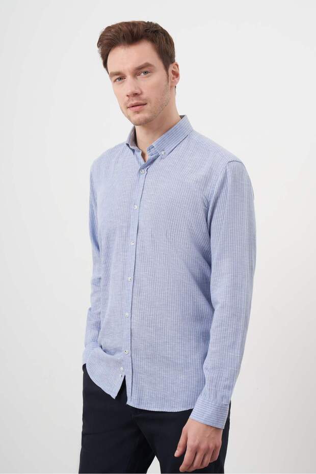Men's Blue Linen Striped Buttoned Collar Regular Fit Shirt