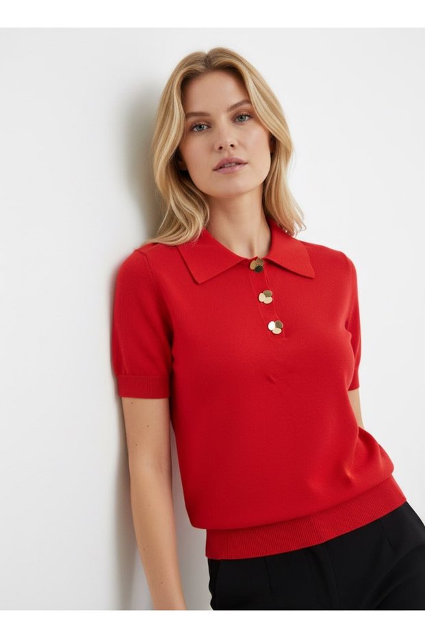 Women's Gold Button Detailed Polo Collar Short Sleeve Premium Knitwear Sweater