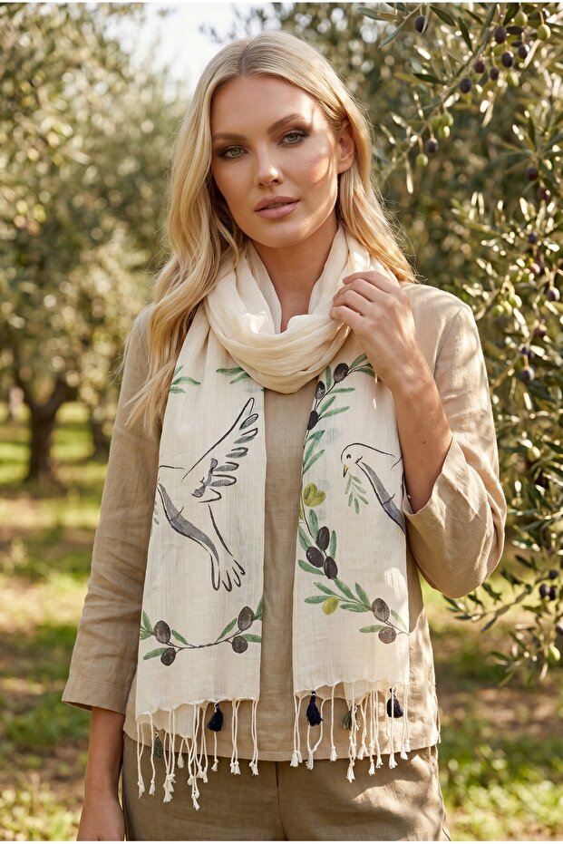 Large Cotton Scarf with Dove and Olive Print