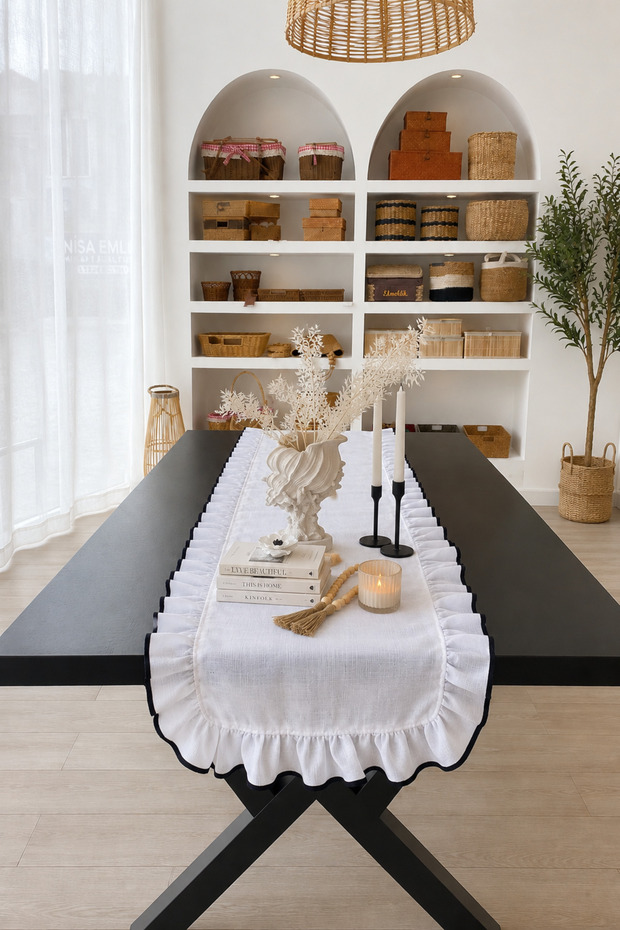 Shine White Linen Heryeri كشكش التطريز مفصلة مستطيلة عداء 40CMX120CM