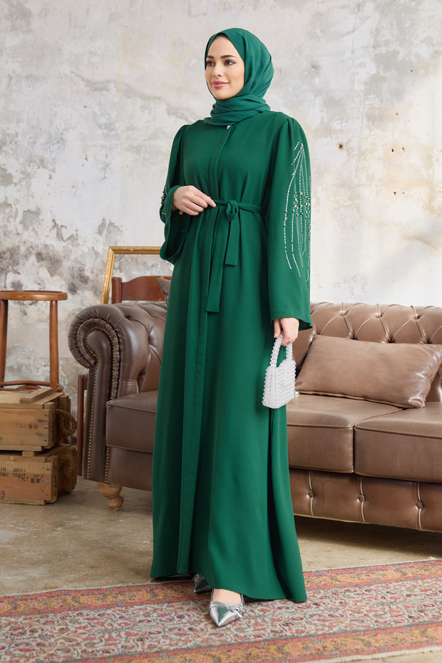 Rona Sleeves Patterned Abaya - Emerald - 1