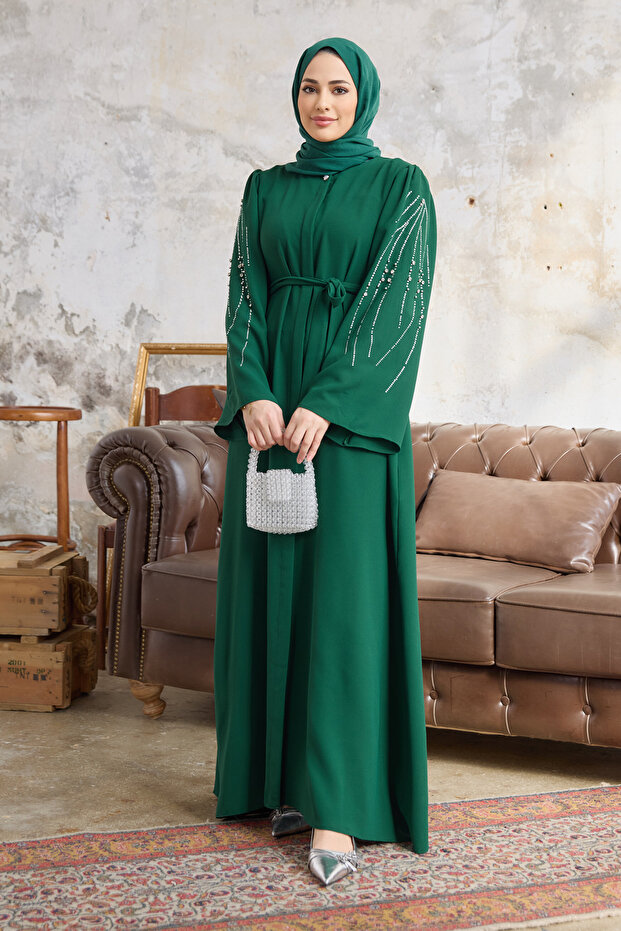 Rona Sleeves Patterned Abaya - Emerald - 3