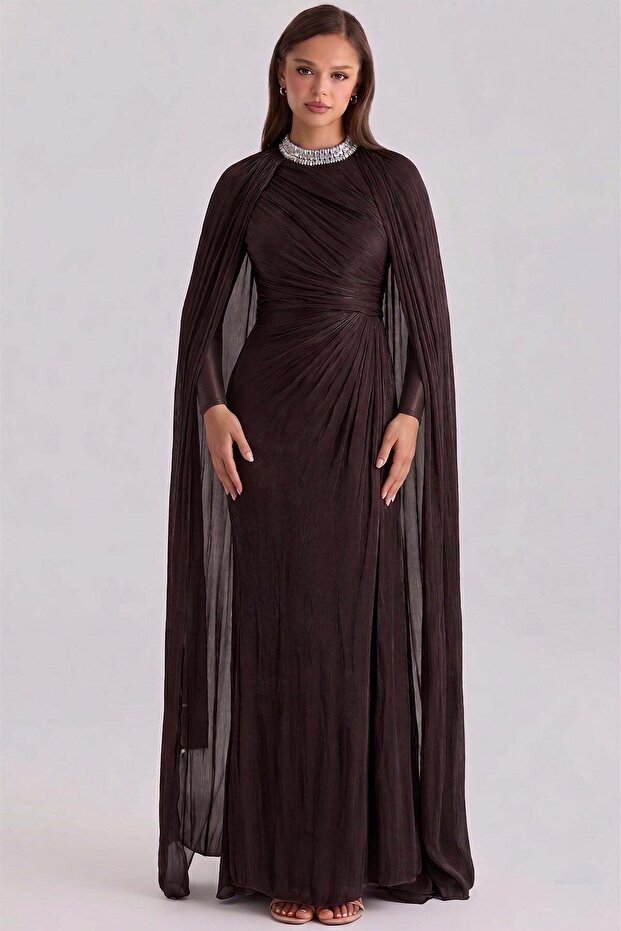 Yoryo Silk Hijab Evening Dress with Stone Detailed Cape on the Collar K. Brown 1247
