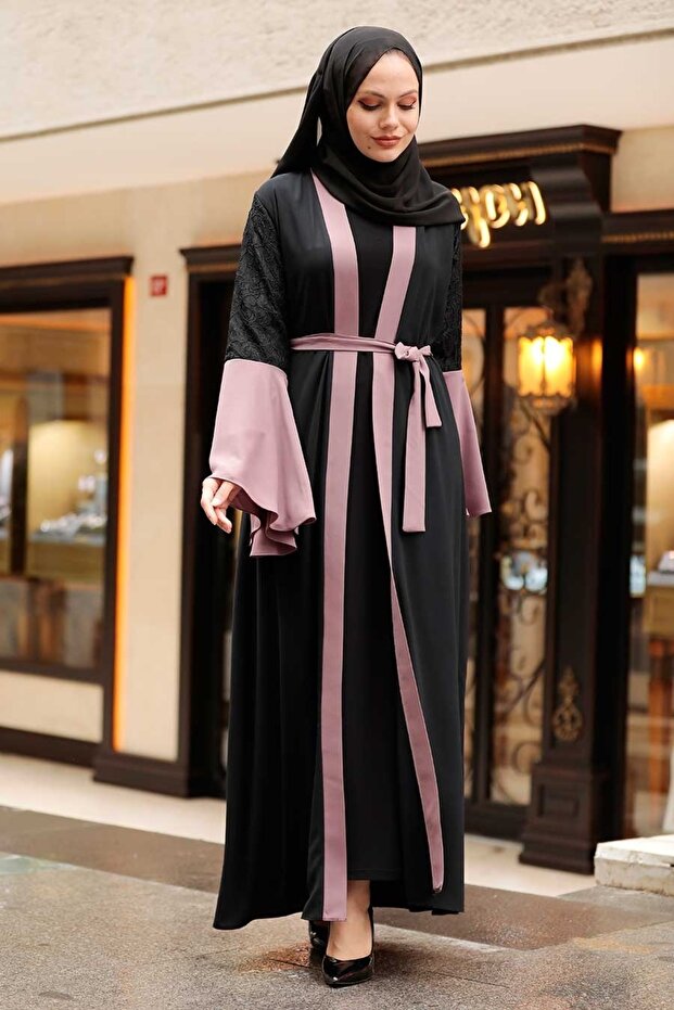 Dusty Rose Hijab Abaya with Sleeves Detail 55510Gk