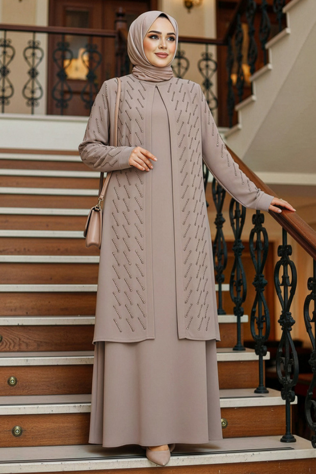 Bead Embroidered Beige Hijab Abaya 29120Beige