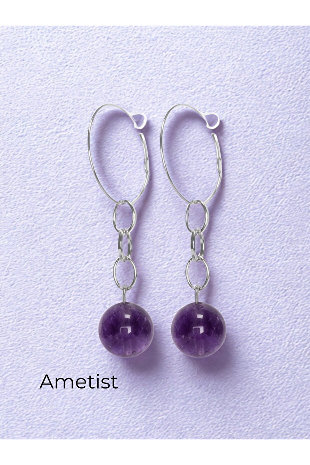 Natural Stone Dangle Women's Earrings 10 mm Hoop Silver Color 4-5 cm (Matte Obsidian / Lapis Lazuli / Citrine / Amethyst / Tiger's Eye / Jade)