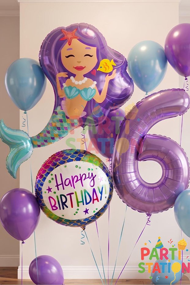 Mermaid 6 Year Old Balloon Set Mermaid Concept Balloon and Purple Color Number Balloon