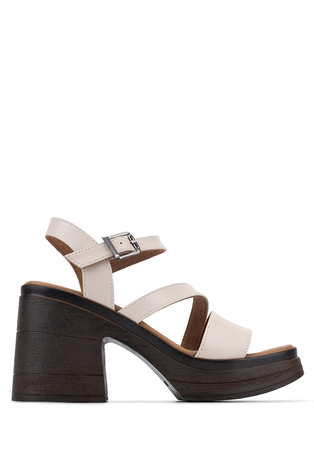Beige Colored Women's Genuine Leather Heeled Sandals