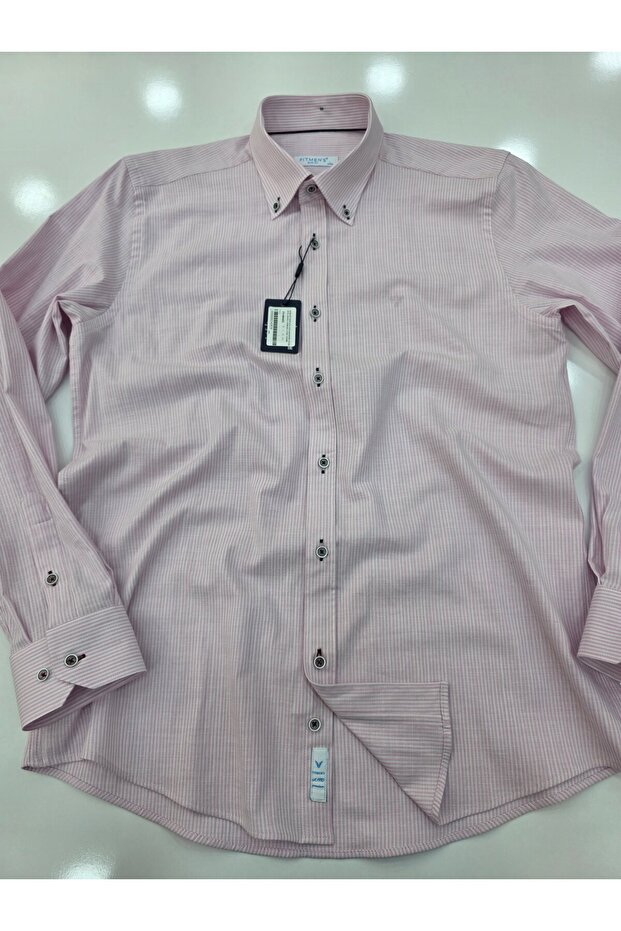 Slim Fit Long Sleeve Pocketless Striped Linen Lycra Gift Boxed Men's Shirt Fs-004581 - Pink