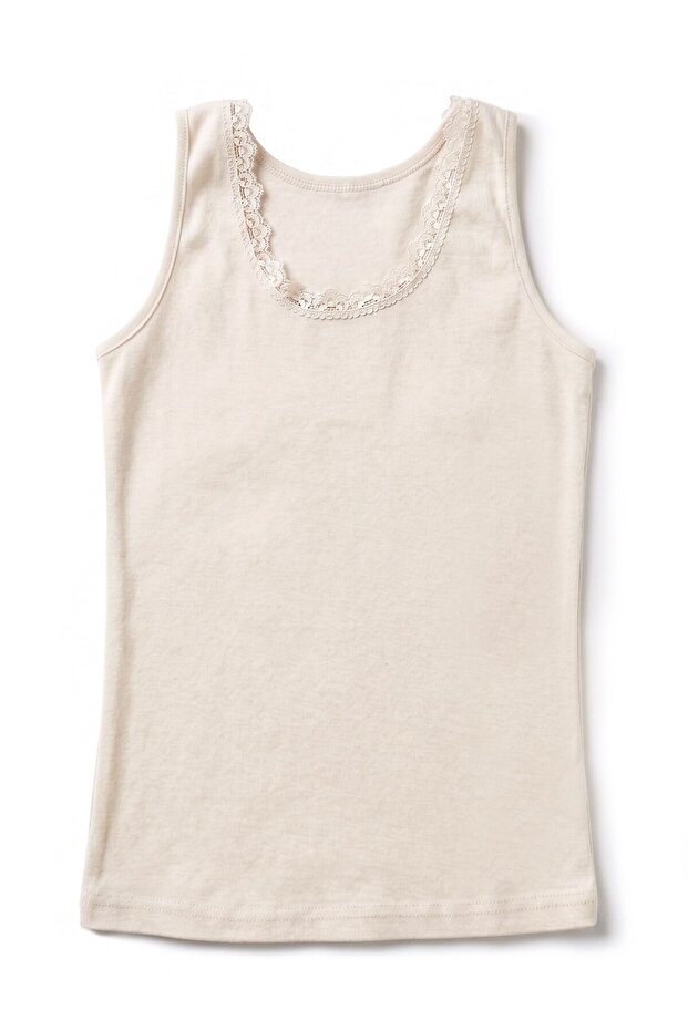 Girl's 100% Cotton Undershirt with Ribbed Thick Straps and Lace Detail, Special Flexible Fit (8018)