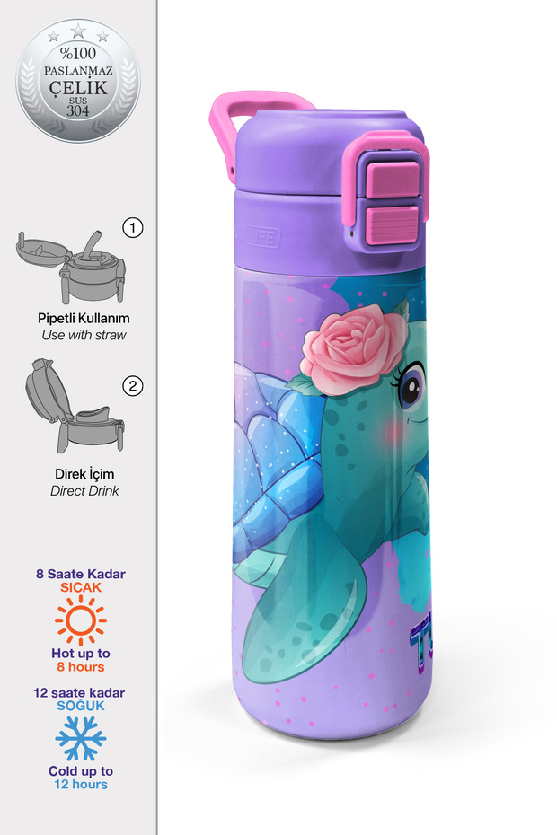 Kids Light Pink Blue Turtle Patterned Steel Thermos with Straw and Direct Drinking 500 ml 31808