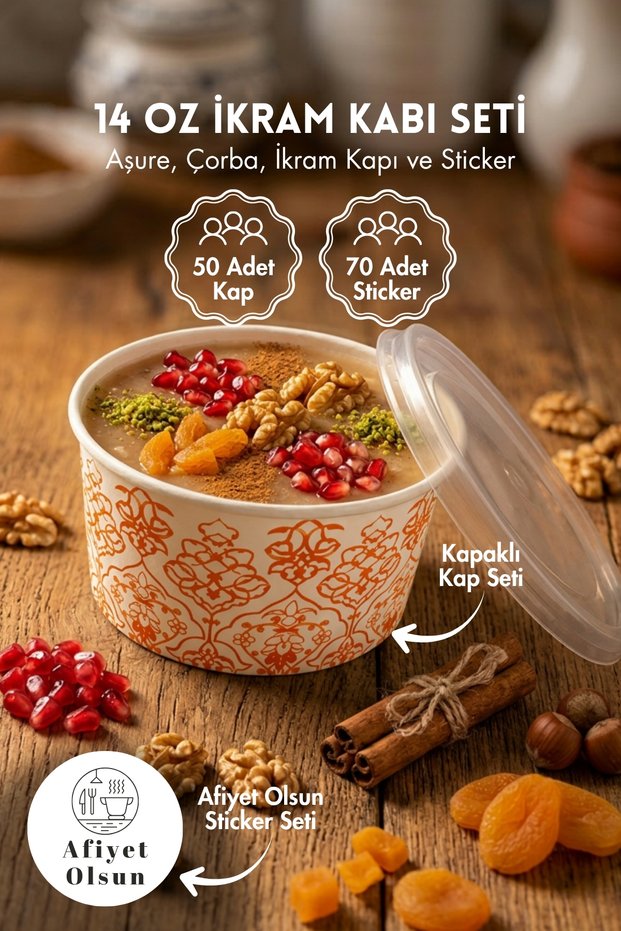 Catering Set Consisting of 50 Ashura, Soup, and Pilaf Containers (410ml, with Lids) and 70 "Bon Appetit" Stickers