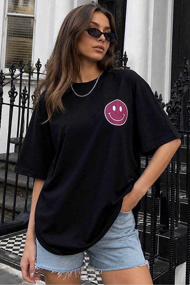 Black Back Printed Oversize Round Neck Women's T-Shirt