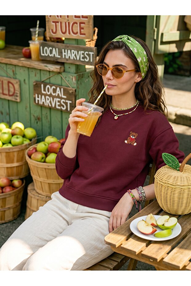 Burgundy Three-Thread Embroidered Fabric Crew Neck Sweatshirt with Teddy Bear Embroidery, Comfortable Fit