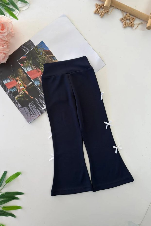 My Little Girl's Flexible Tights with Bow Detail - Navy Blue
