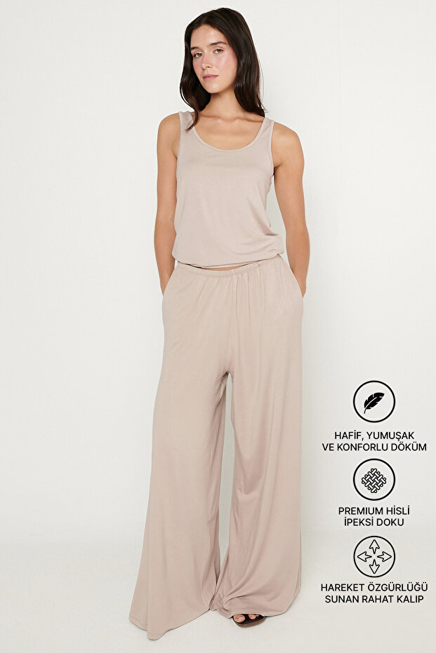 Women's Beige Knitted Trousers Premium Viscose Soft Textured Standard Fit with Pockets Elastic Waist Comfortable