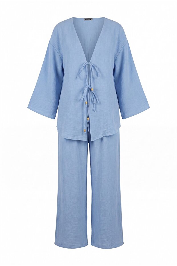 Double Tie Front Kimono Set with Pants - Ice Blue