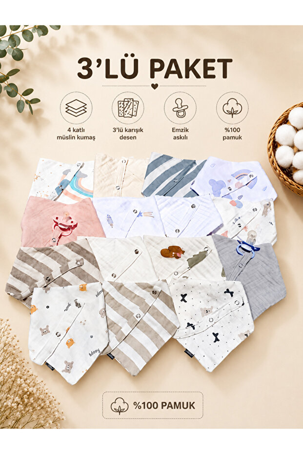 3-Piece Mixed Boys Pattern 100% Cotton 4-Layer Muslin Fabric Baby Bib with Pacifier Strap and Snap Fasteners, Drool Bib