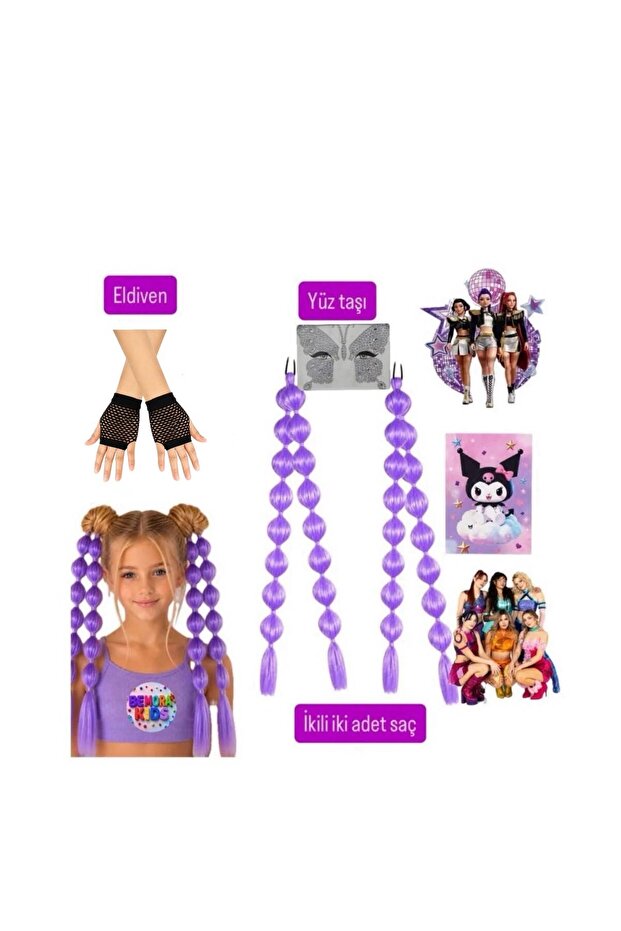Kuromi̇ Kpop Manifest Hair Wig and Gloves Face Stone Accessory Set