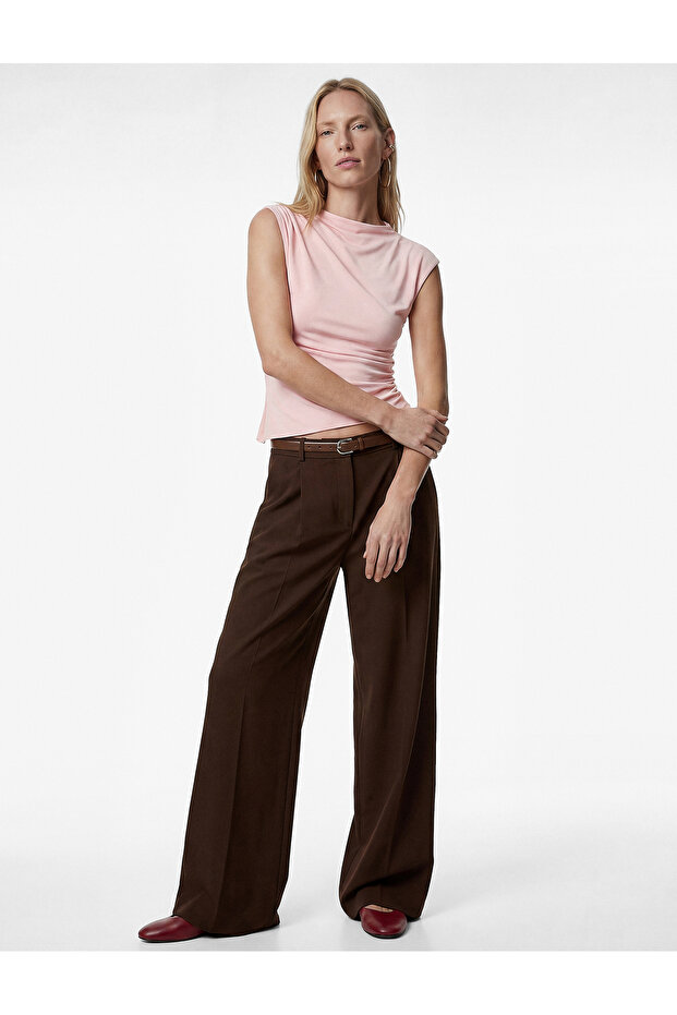 Pleated Pocketed Buttoned Wide Leg Palazzo Trousers