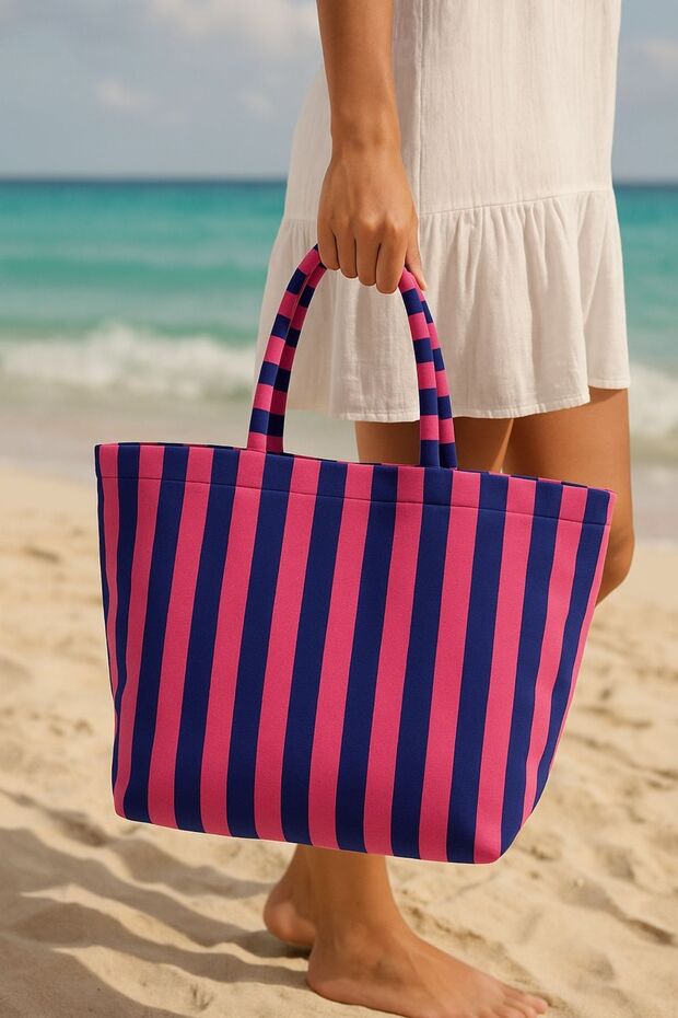 Silver White Striped Beach Bag