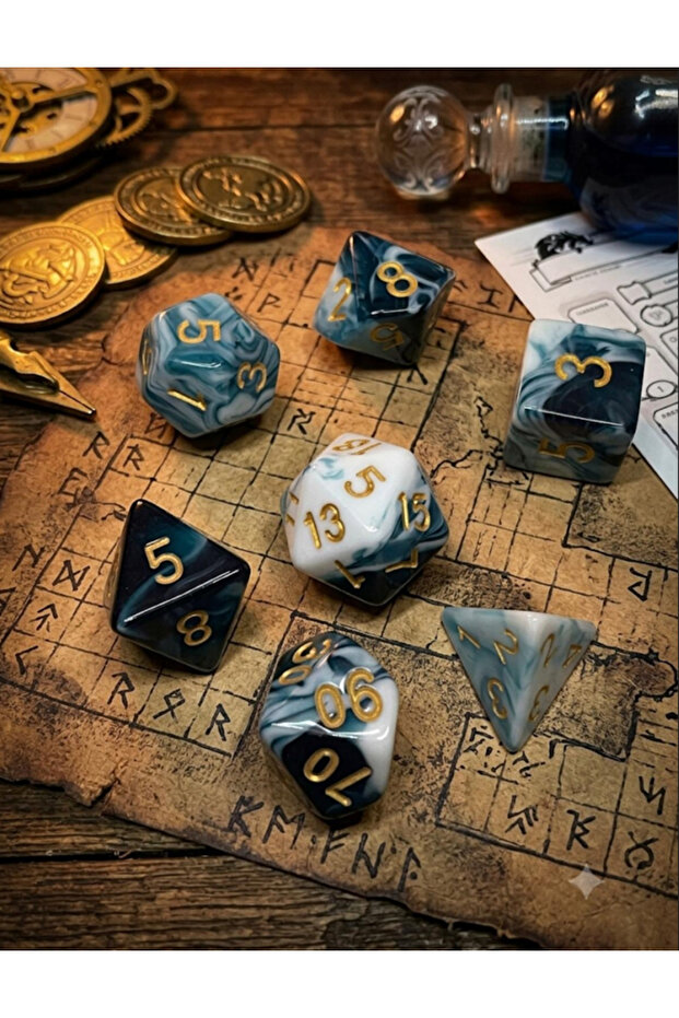 مجموعة من 7 قطع من نرد DND EPOXY Frp، نرد DND للعبة Dungeons And Dragons، نرد ألعاب الطاولة، رخام أزرق وأبيض