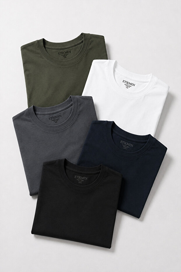 5-Pack Premium 100% Organic Cotton Basic Slimfit White-Khaki-Black-Navy Blue-Smoked Men's T-Shirt