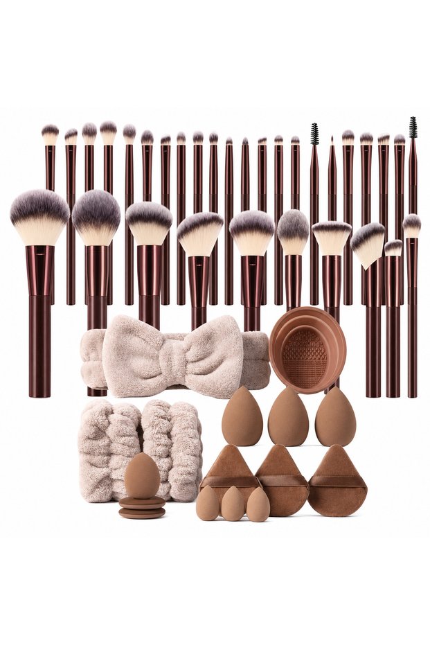 40Pcs All In One Makeup Tool Set, Burgundy Brushes, Beauty Sponges, Flocking Puffs, Bow Headband, Silicone Cleaning Bowl