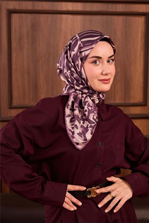 Twill Silk Scarf Purple-Purple Patterned Tok Duruşlu 90X90
