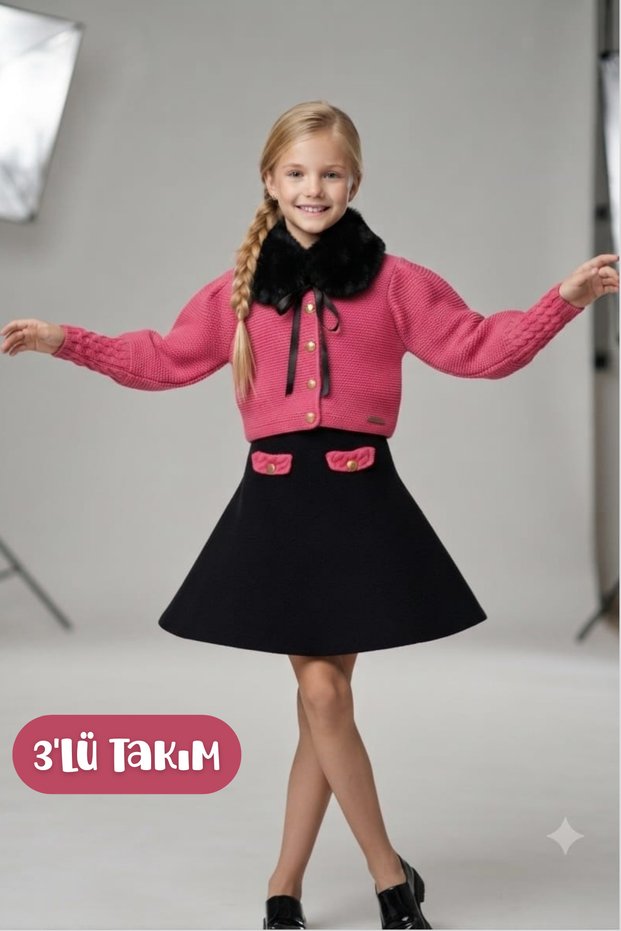 Girl's Gold Button Detailed Knitwear Cardigan Ornamental Pocket Black Skirt Mobile Collar Fur 3-Piece Set