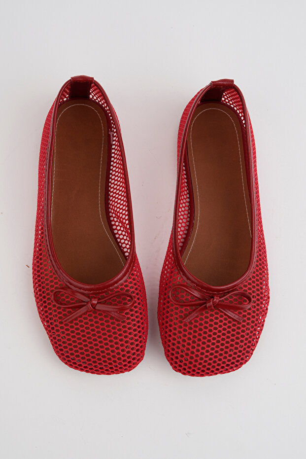 Red Bow Detailed Mesh Women's Ballerinas