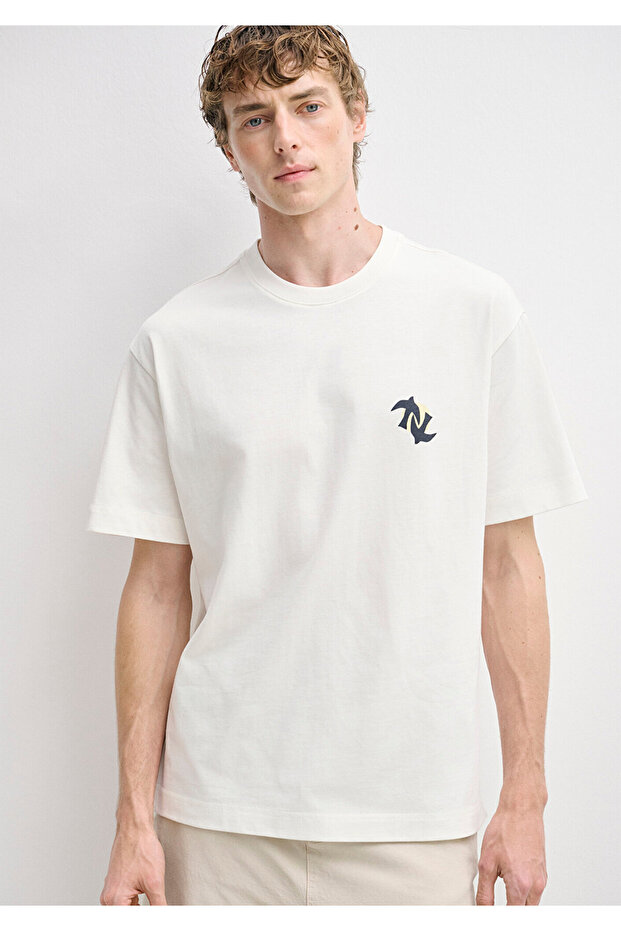 Printed Ecru T-Shirt Loose Fit / Comfortable Loose Cut 0613645-70057