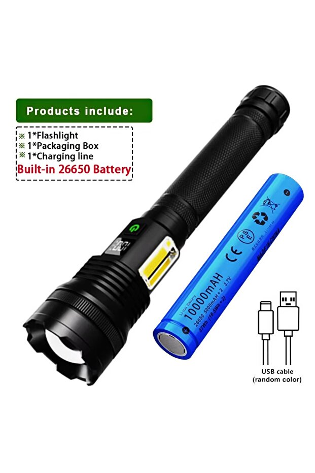 مصباح يدوي LED طويل المدى ببطارية طويلة الأمد، قابل لإعادة الشحن عبر USB، مصباح تكتيكي عالي القوة.