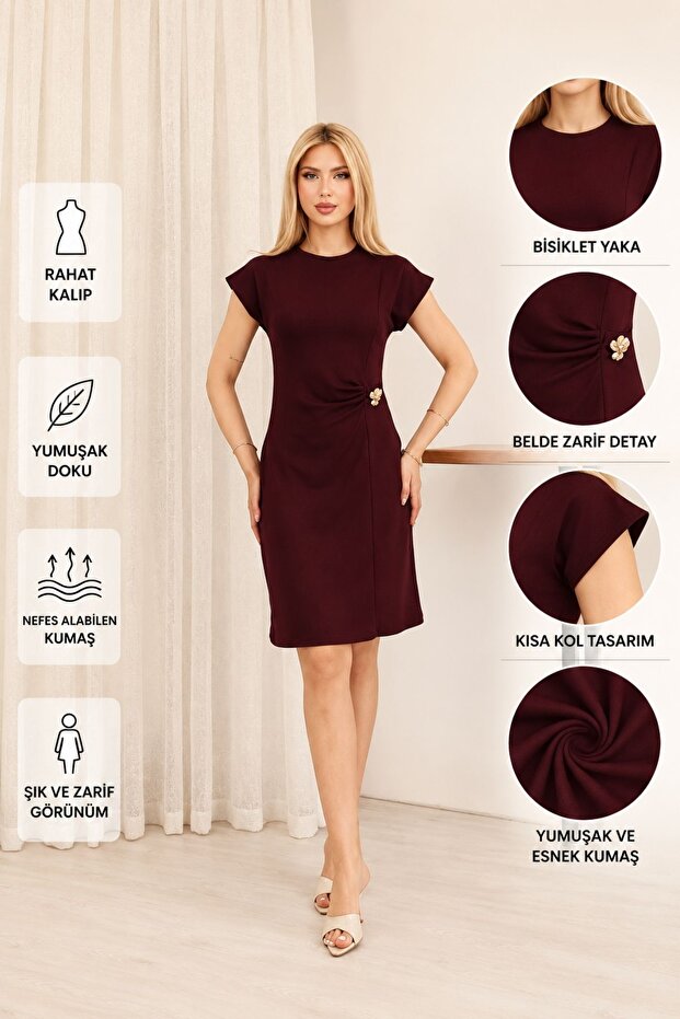Plum Draped Women's Dress with Gold Accessory Detail