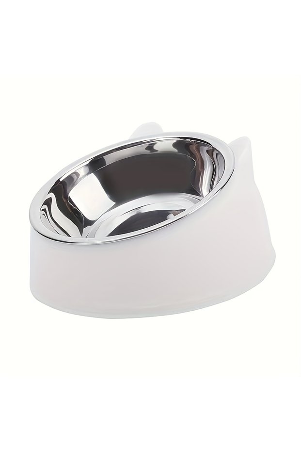 White 1pc Elevated Stainless Steel Cat Bowl, Inclined Food & Water Dish with Cute Ear Stand, Neck Pr