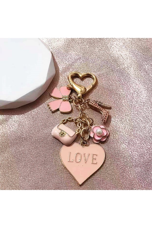 Pink Pretty Pink Heart Flower Bow Knot Bag Enamel Keychain Cute Fashion Key Ring For Women Girls Han