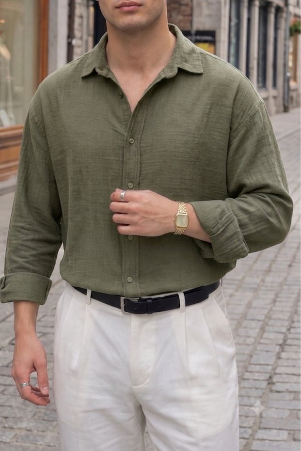 Men's Half Oversize Muslin Fabric Long Sleeve Collared Breathable
