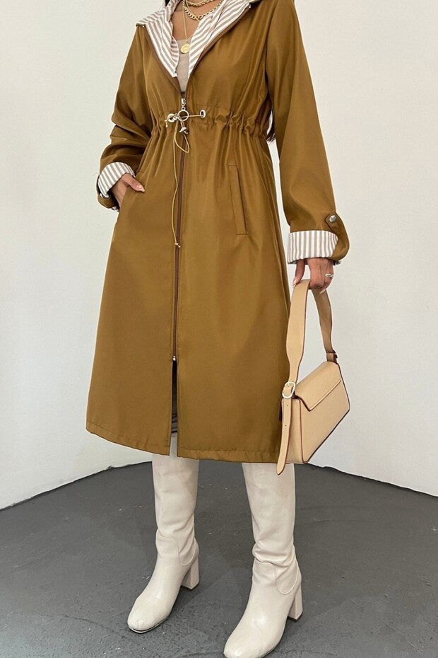 Quilted Lined Hooded Trench Coat with Tightened Waist -Tan