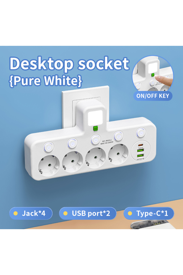 EU Plug WHITE 1-to-4 Converter with Switch Night Light Multi-Hole Power Strip Household Socket EU Pl